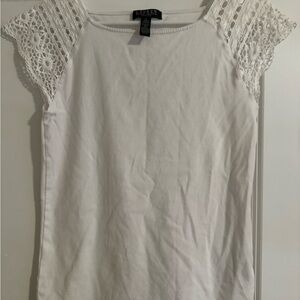LRL Lauren Ralph Lauren Women Petite L Crochet Cap Sleeve White Cotton Blouse